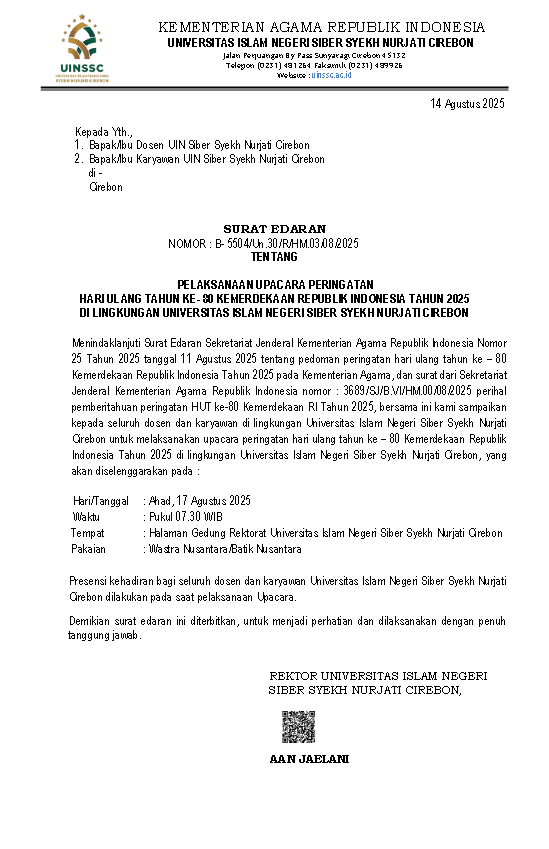 Surat Edaran Rektor Pelaksanaan Upacara Bendera HUT RI ke-80